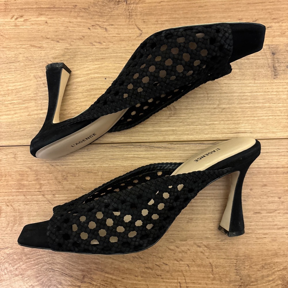 L'AGENCE‎ Jacques Sandal Heels Black Women Size 10 Woven Knit Mule Casual Formal - Picture 9 of 13